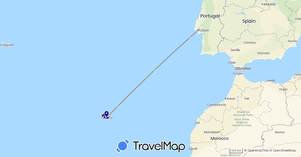 TravelMap itinerary: driving, plane, hiking in Portugal (Europe)